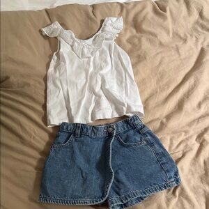 White Lace Trim Top and Blue Denim skort Zara